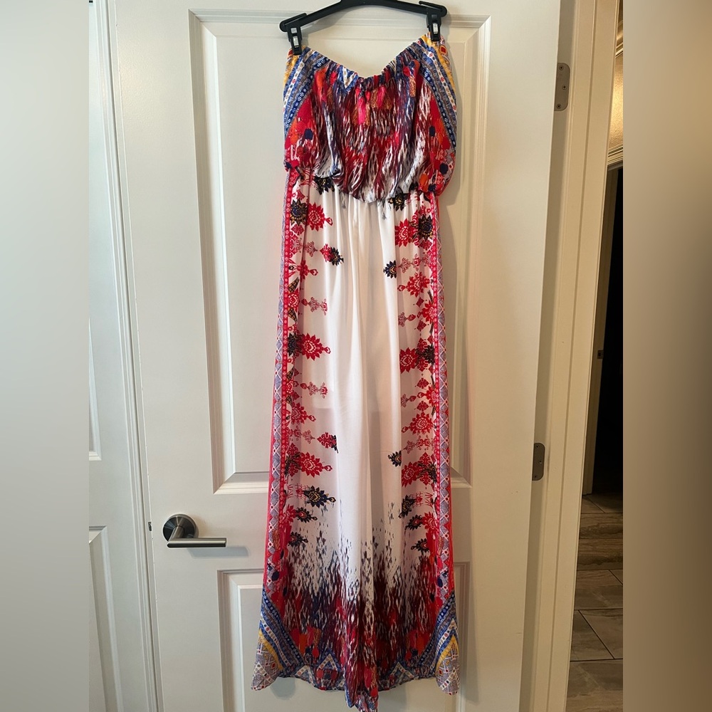GB Juniors Size S White with Colorful Accents Strapless Maxi Dress NWT